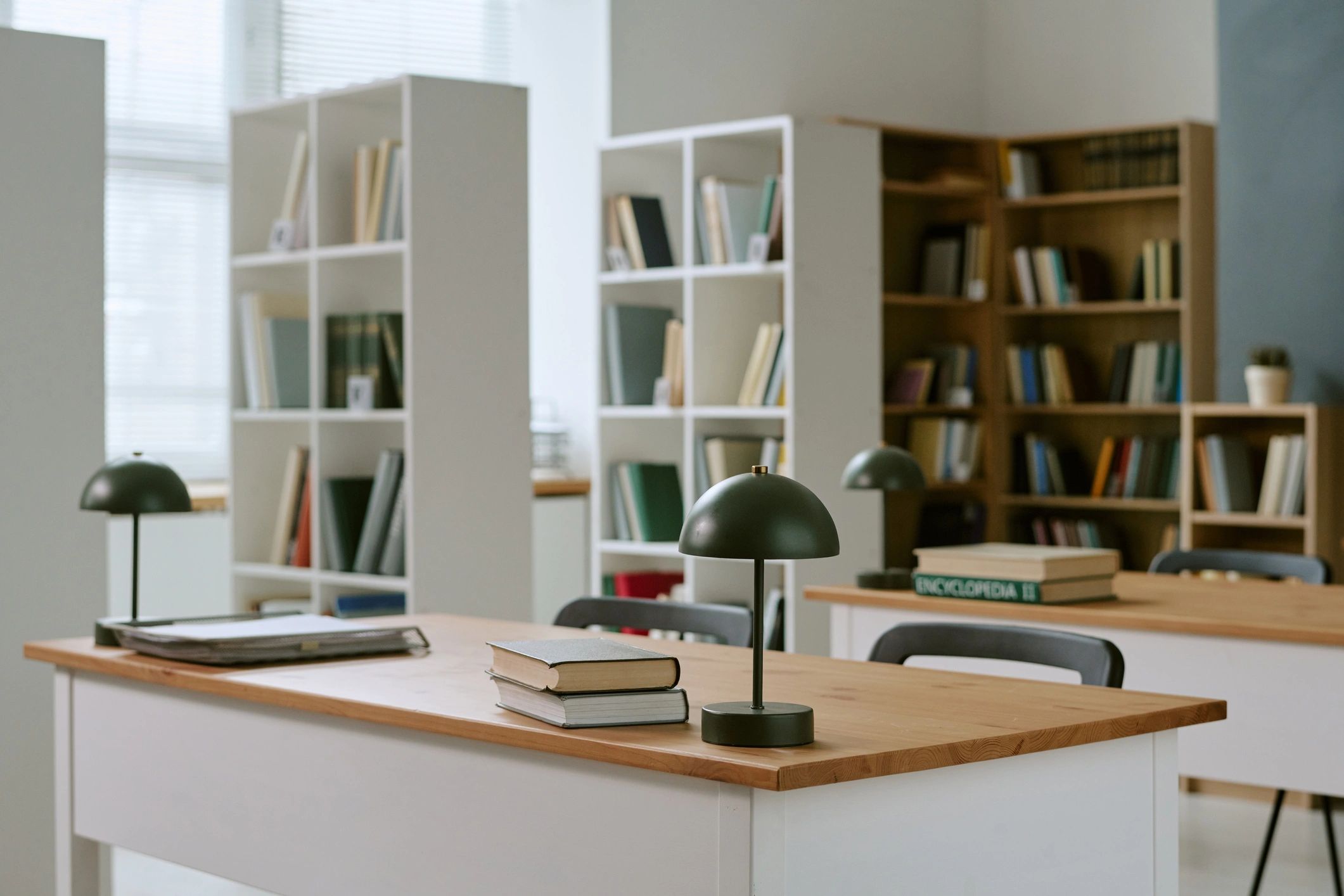 Quiet library study area with books and desks